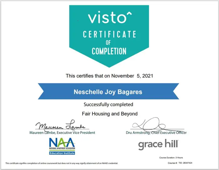 Fair Housing and Beyond certificate of completion