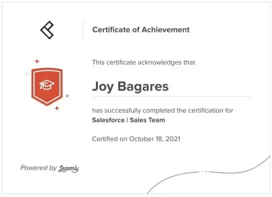 Salesforce Sales Team certificate of achievement