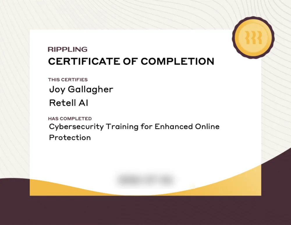 Rippling certificate of completion, Cybersecurity Training for Enhanced Online Protection