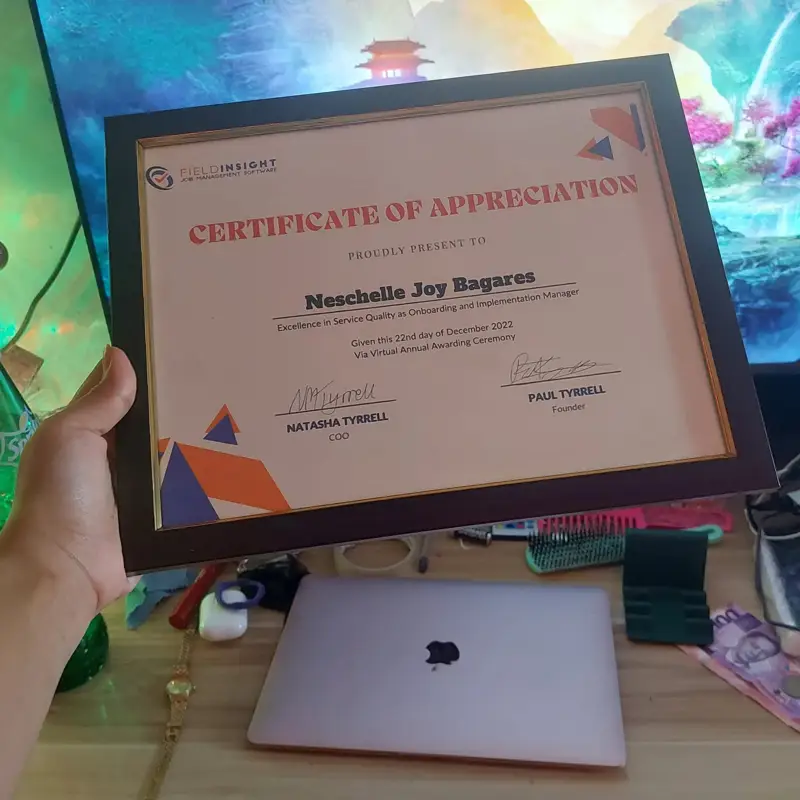 FieldInsight certificate of appreciation for excellence in service quality
