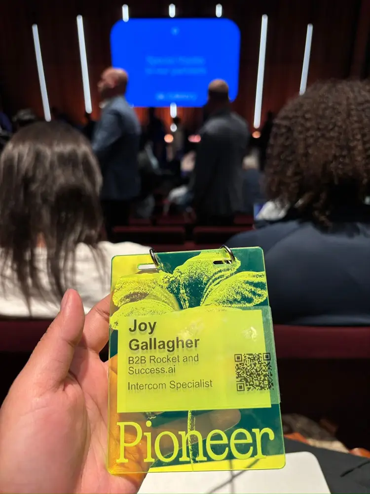 Pioneer badge reading Joy Gallagher, Intercom Specialist