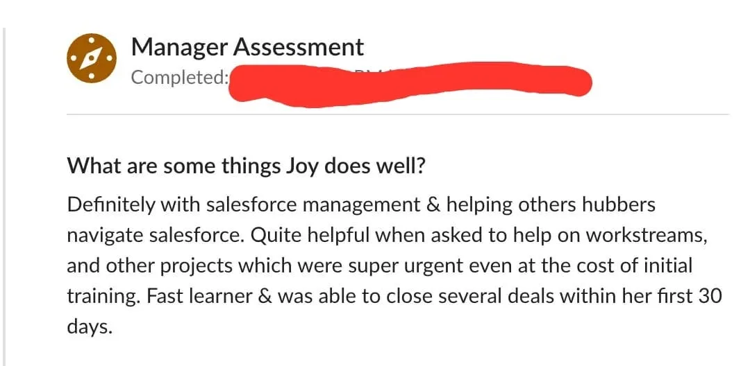 StoreHub manager assessment praising Joy as a fast learner who closed several deals in her first 30 days